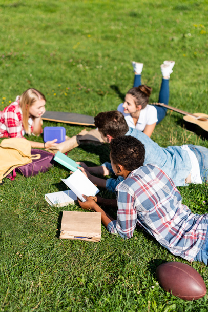 group of teen scholars lying on grass and studying together - 写真・画像