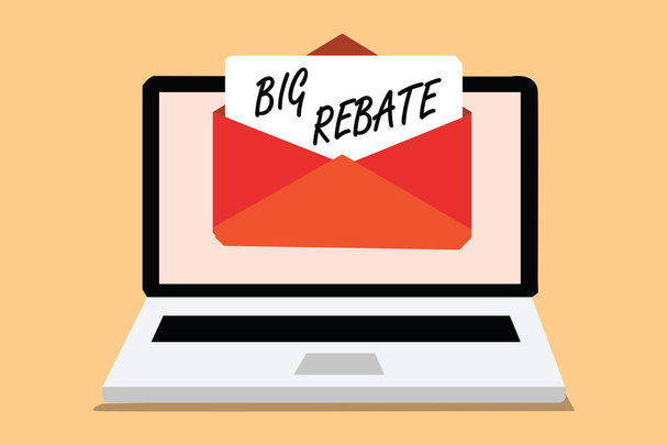 Handwriting text Big Rebate. Concept meaning Huge rewards that can get when you engaged to a special promo Computer receiving email important message envelope with paper virtual - Foto, afbeelding