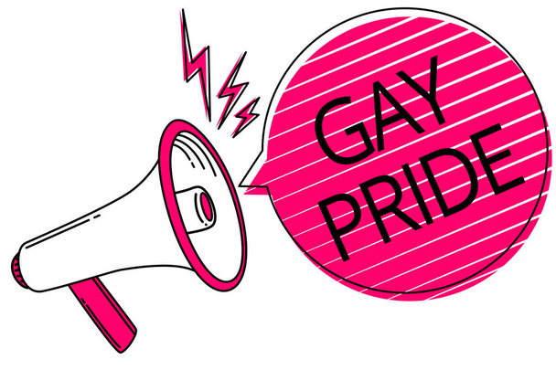 Tekstimerkki, jossa näkyy Gay Pride. Käsitteellinen kuva Arvokkuus idyllinen, joka kuuluu joko miehelle tai naiselle Megafone kaiutin vaaleanpunainen puhe kupla raidat tärkeä kova viesti
 - Valokuva, kuva