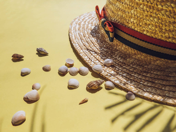 Відпочинок, відпустка тропічний пляж зверху листя пальми і солом'яний капелюх. черепашки. Стиль об'єктів групи згори перегляду
 - Фото, зображення
