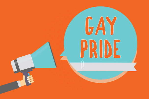 Kavramsal el gay gurur gösteren yazma. Bir erkek veya kadın adam holding megafon ait bir idividual onuruna vitrine iş fotoğraf mavi konuşma balonu turuncu arka plan - Fotoğraf, Görsel