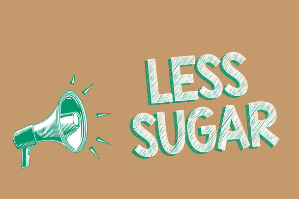 Conceptual hand writing showing Less Sugar. Business photo showcasing Lower volume of sweetness in any food or drink that we eat Megaphone brown background important message speaking loud - Photo, Image