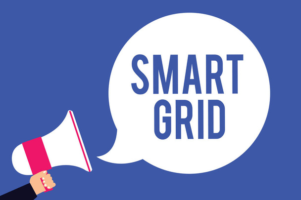 Viittaus Smart Gridiin. Käsitteellinen kuva sisältää toiminnalliset ja energiatoimenpiteet, mukaan lukien mittarit Mies tilalla megafoni kaiutin puheen kupla huutaa sininen tausta
 - Valokuva, kuva