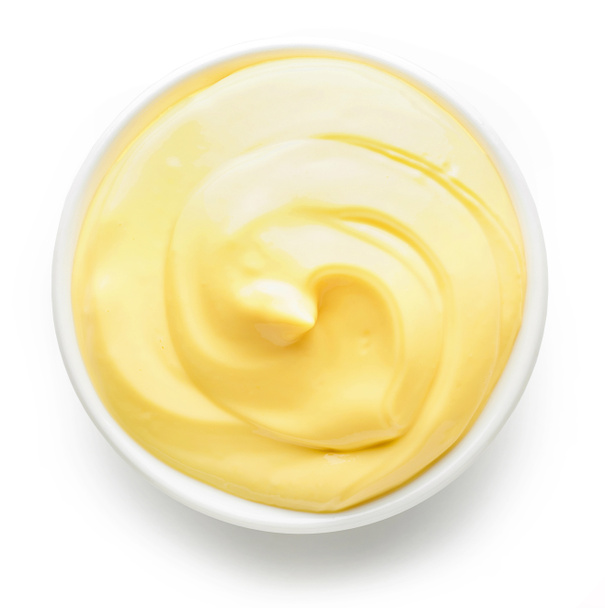 tazón de mayonesa aislado sobre fondo blanco, vista superior
 - Foto, imagen