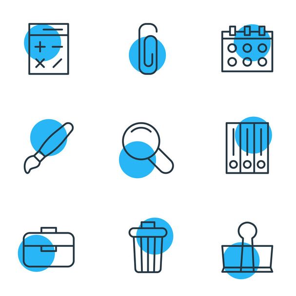 Vector illustration of 9 stationery icons line style. Editable set of calculator, briefcase, calendar and other icon elements. - Vecteur, image