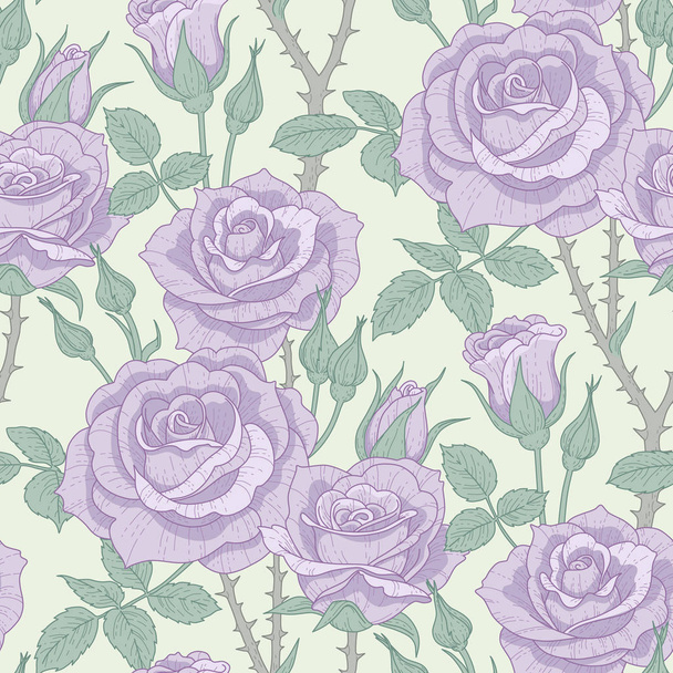 Цветочный бесшовный узор с фиолетовыми розами на светло-зеленом фоне. Шаблон в стиле прованс для текстиля, дизайна и декорации
 - Вектор,изображение