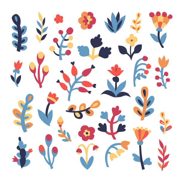 Słodkie roślin i kwiatów z niebieski liści na białym tle. Zestaw prosty kwiatowy elemets za projekt i dziecięce - Wektor, obraz