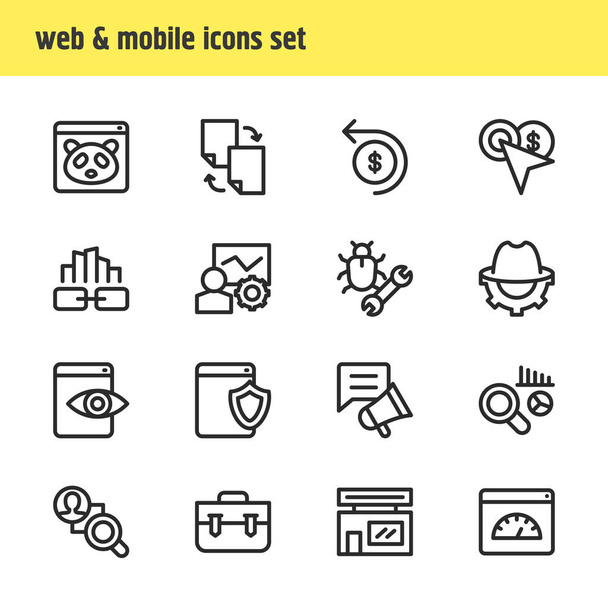 illustration of 16 marketing icons line style. Editable set of competitor analysis, page speed, social media campaign and other icon elements. - Foto, Bild