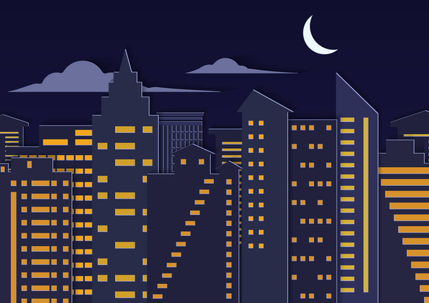 Landscape paper cuted art style night urban city with moon - Vetor, Imagem