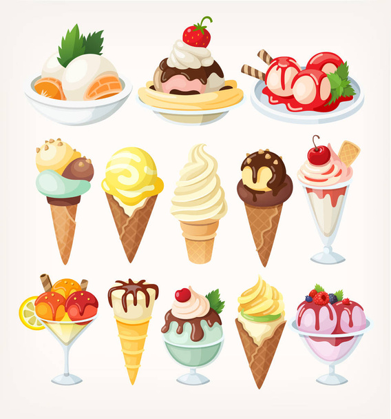Conjunto de helados coloridos en copas de gofres y conos y en vasos. Ilustración vectorial aislada
 - Vector, Imagen