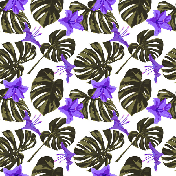 Tropical Print. Jungle Seamless Pattern. Vector Tropic Summer Motif with Hawaiian Flowers.  - Διάνυσμα, εικόνα