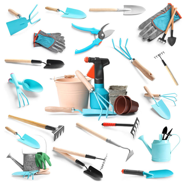 Set of different gardening tools on white background - Zdjęcie, obraz