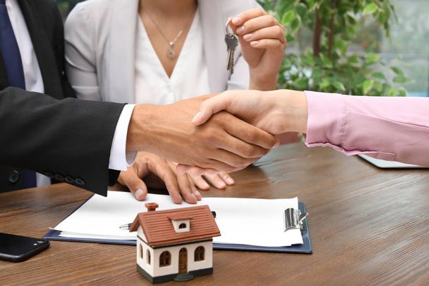 Man shaking hands with real estate agent on meeting over table - Foto, Bild