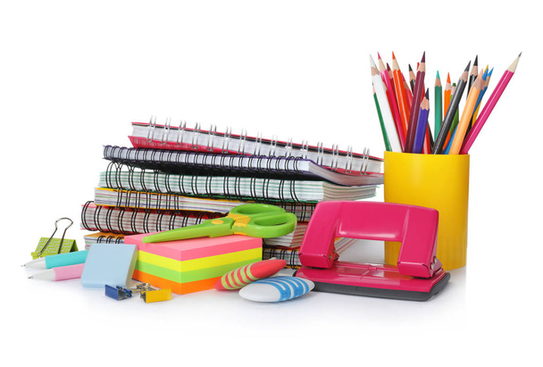 Different colorful stationery on white background. Back to school - Foto, Imagem