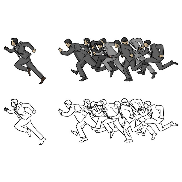 businessmen running following their manager vector illustration sketch doodle hand drawn with black lines isolated on white background. Business teamwork concept. - Vector, Image