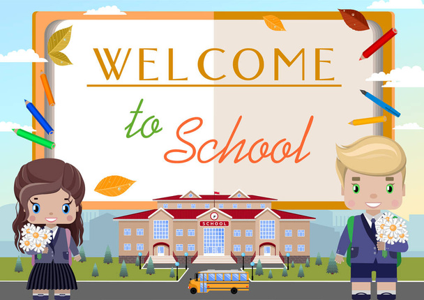 Welcome to the school. Announcement (poster, congratulation, invitation, postcard)on the background of books, girl and boy schoolboys with a bouquet, school, school bus, school supplies, autumn leaves - Vector, Image