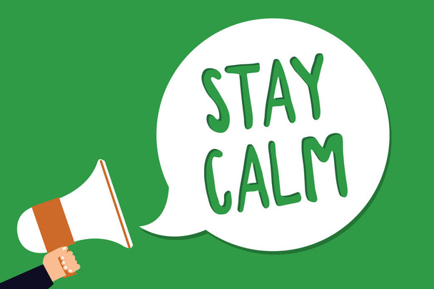Conceptual hand writing showing Stay Calm. Business photo showcasing Maintain in a state of motion smoothly even under pressure Man holding megaphone loudspeaker screaming green background - Photo, Image