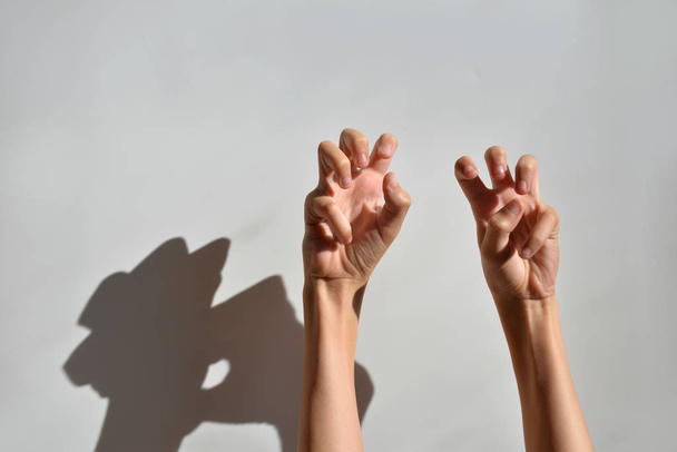 Ruce s stočené prsty v jasném světle na bílém pozadí. Ruce v pubertě s stín na zdi - Fotografie, Obrázek