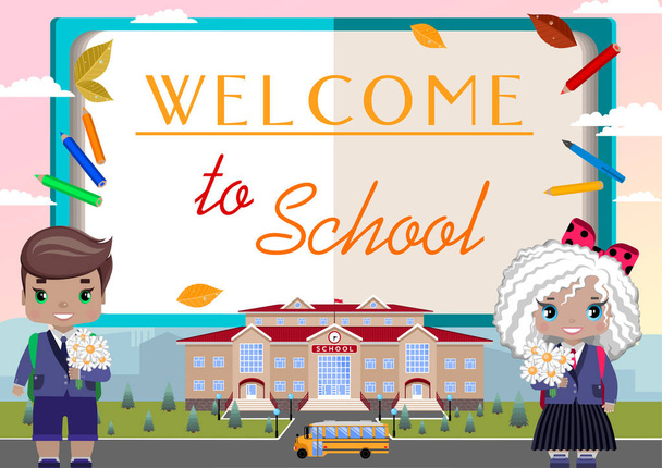Üdvözöljük az iskola. Közlemény (poszter, gratuláció, meghívó, képeslap) a háttérben a könyvek, a lány és egy fiú gyorsasági egy csokor, iskola, iskolabusz, iskolai kellékek, őszi levelek - Vektor, kép