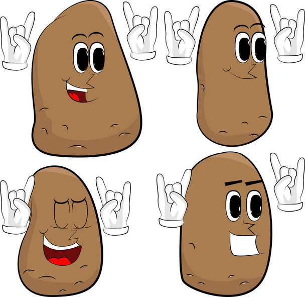 Aardappelen met handen in rocker pose. Cartoon aardappel collectie met gelukkige gezichten. Expressies vector set. - Vector, afbeelding