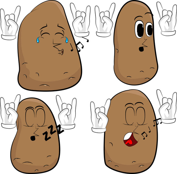Kartoffeln mit Händen in Rockerpose. Cartoon-Kartoffelsammlung mit verschiedenen Gesichtern. Ausdrucksvektorsatz. - Vektor, Bild