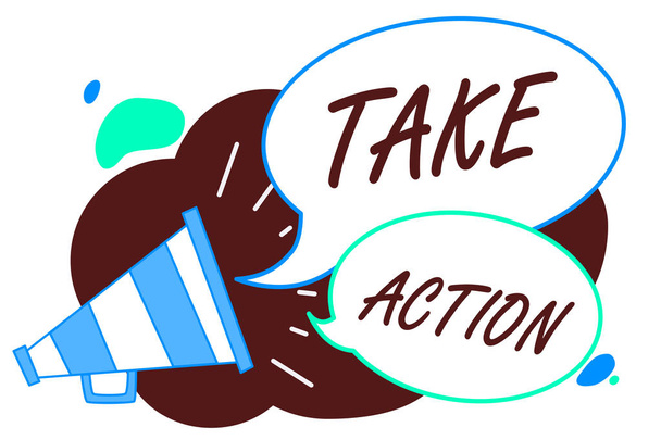 Текст для написания слов Take Action. Бизнес-концепция для советов кто-то сделать что-то или реакции прямо сейчас Megaphone громкоговоритель речи пузырьки важное сообщение, выступая вслух
 - Фото, изображение
