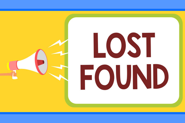 Conceptual hand writing showing Lost Found. Business photo text Things that are left behind and may retrieve to the owner Man holding megaphone loudspeaker speech bubble message speaking - Photo, Image