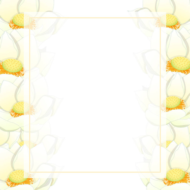 White Indian lotus Banner Card Border. Nelumbo nucifera,sacred lotus, bean of India, Egyptian bean. National flower of India and Vietnam. Vector Illustration. - Вектор, зображення