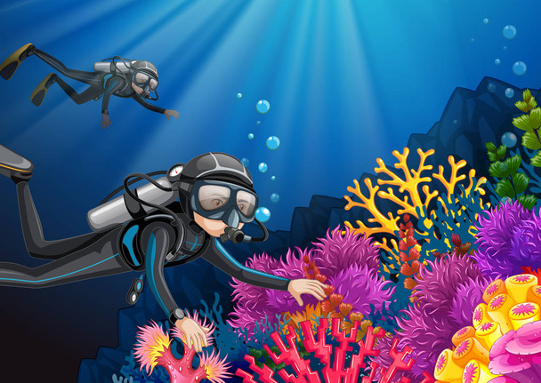 深海の図の下でスキューバ ダイビング - ベクター画像