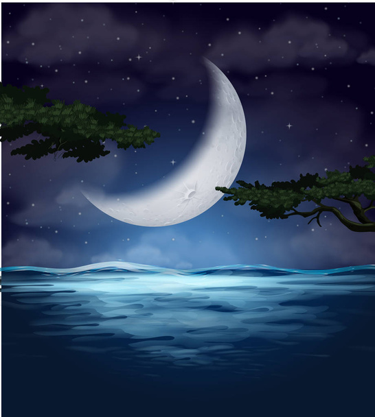 Een reflectie van de wassende maan op water illustratie - Vector, afbeelding