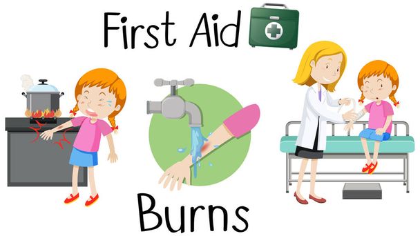 A girl with burn arm first aid illustration - Vector, Image