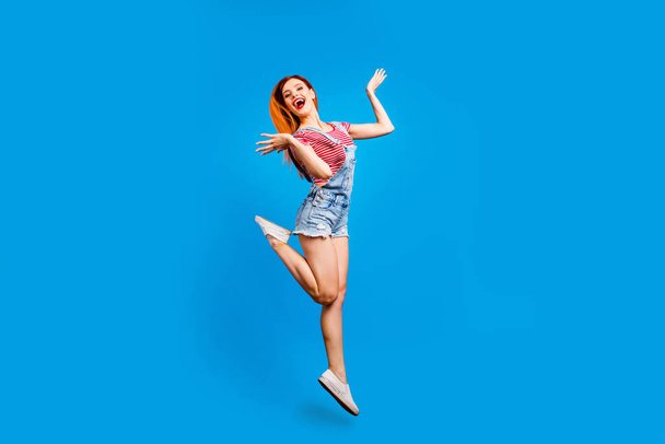 Rest relax vacation success achieve goal people person concept. Full length size body studio photo shot of cheerful nice attractive lady jumping up isolated pastel bright color background copy space - Фото, зображення