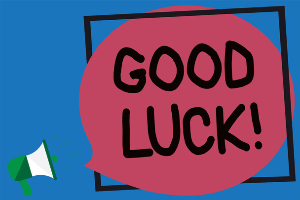 Conceptual hand writing showing Good Luck. Business photo showcasing A positive fortune or a happy outcome that a person can have Megaphone loud screaming blue background frame speech bubble - Photo, Image