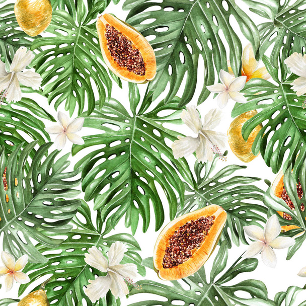 Bella acquerello modello tropicale con fiori, foglie, frutta papaia e limone
.  - Foto, immagini