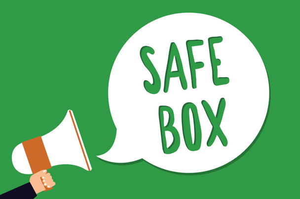 Conceptual hand writing showing Safe Box. Business photo showcasing A small structure where you can keep important or valuable things Man holding megaphone loudspeaker screaming green background - Photo, Image