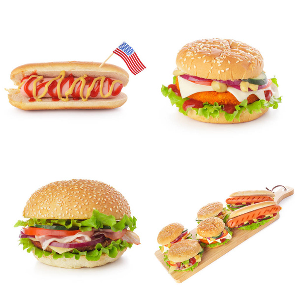 Junk fast food collage of burgers with sandwiches and hot-dogs isolated on white background - Fotoğraf, Görsel