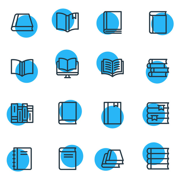Vektorillustration von 16 Buchsymbolen im Zeilenstil. editierbares Set von Tutorial, Notizblock, Publishing und anderen Symbolelementen. - Vektor, Bild