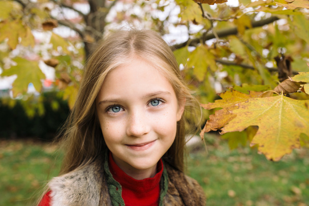portrait of a smiling little girl in an autumn park - Фото, изображение