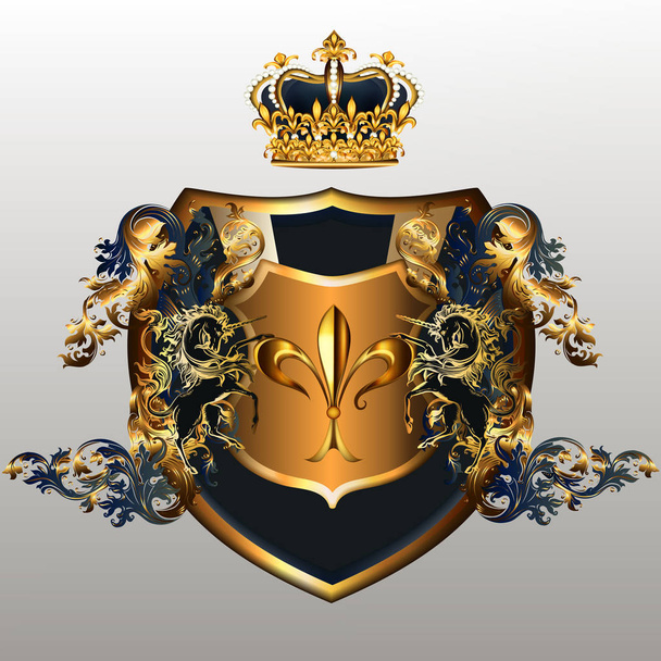 Beautiful luxury shield design with unicorns, swirls and crown - Vector, afbeelding