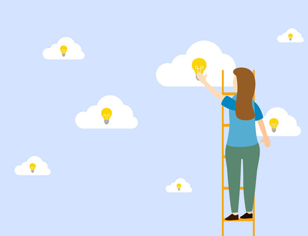 Векторная иллюстрация девушки стоит на лестнице, чтобы достичь идей с лампочкой
 - Вектор,изображение