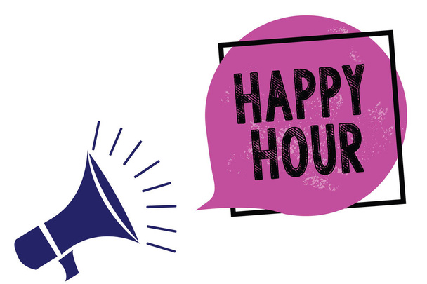 Handwriting text Happy Hour. Concept meaning Spending time for activities that makes you relax for a while Megaphone loudspeaker speaking loud screaming frame purple speech bubble - Photo, Image