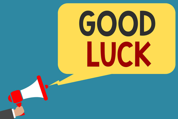 Writing note showing Good Luck. Business photo showcasing A positive fortune or a happy outcome that a person can have Man holding megaphone loudspeaker speech bubble message speaking loud - Photo, Image