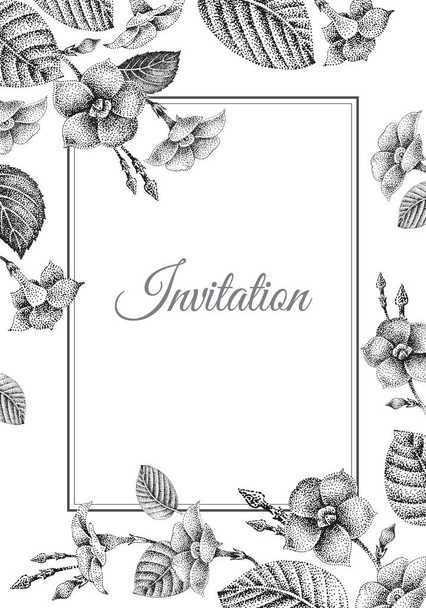 Γαμήλιες προσκλήσεις κάρτες πρότυπα. Διακόσμηση με λουλούδια κήπων, πλαίσιο μοτίβο. Floral διάνυσμα εικονογράφηση. Vintage χαρακτική. Ανατολίτικο στυλ. Μαύρο Λόουτς σε λευκό φόντο - Διάνυσμα, εικόνα