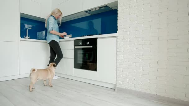 Kobieta pieścić pies podczas gotowania - Materiał filmowy, wideo