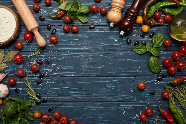 fresh raw vegetables, spices and rolling pin on wooden background  - Foto, Imagem