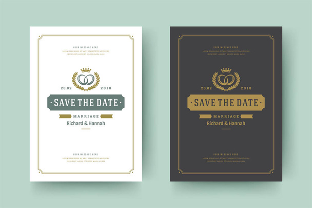 Wedding invitations save the date cards design vector illustration. Wedding invite title vintage templates. Golden style. - Vector, Image
