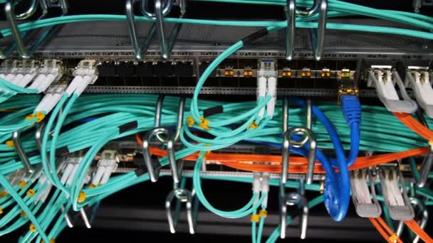 closeup motion along mining farm servers with cables - Footage, Video