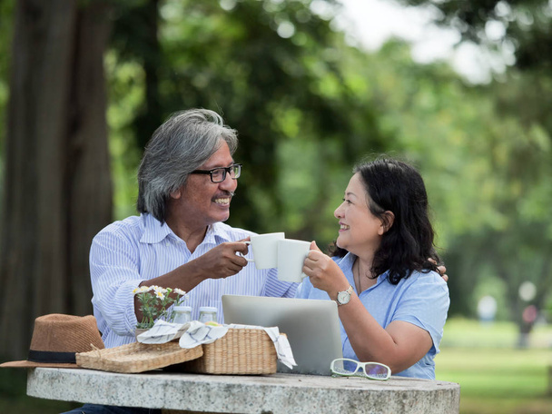 Happy Senior couple picnicking in the garden home. - Fotoğraf, Görsel