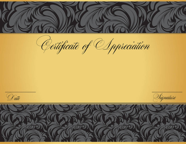 Vintage certificate of appreciation with ornate elegant retro abstract floral design, dark gray flowers and leaves on black and gold background with tri-section. Vector illustration. - Vector, Image