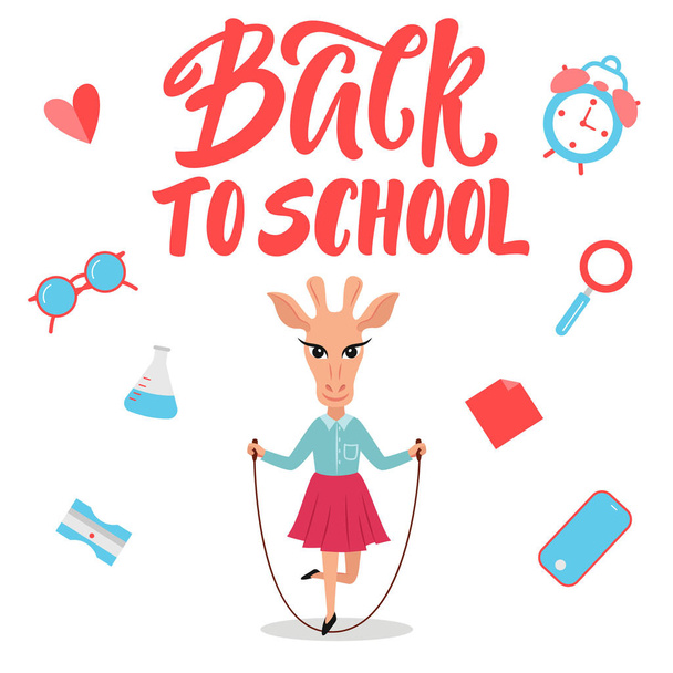 Aranyos zsiráf karakter a Back to school banner/poszter koncepció. - Vektor, kép